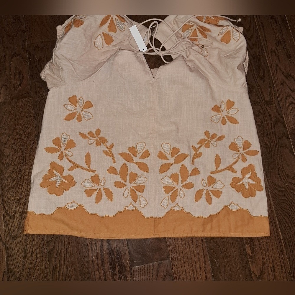 Madewell‎ Embroidered Scallop-Hem Puff-Sleeve Top NL039 Pink Mustard M - Picture 4 of 12